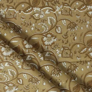 Brown Hand Block Floral Dabu Print Fabric For Dress