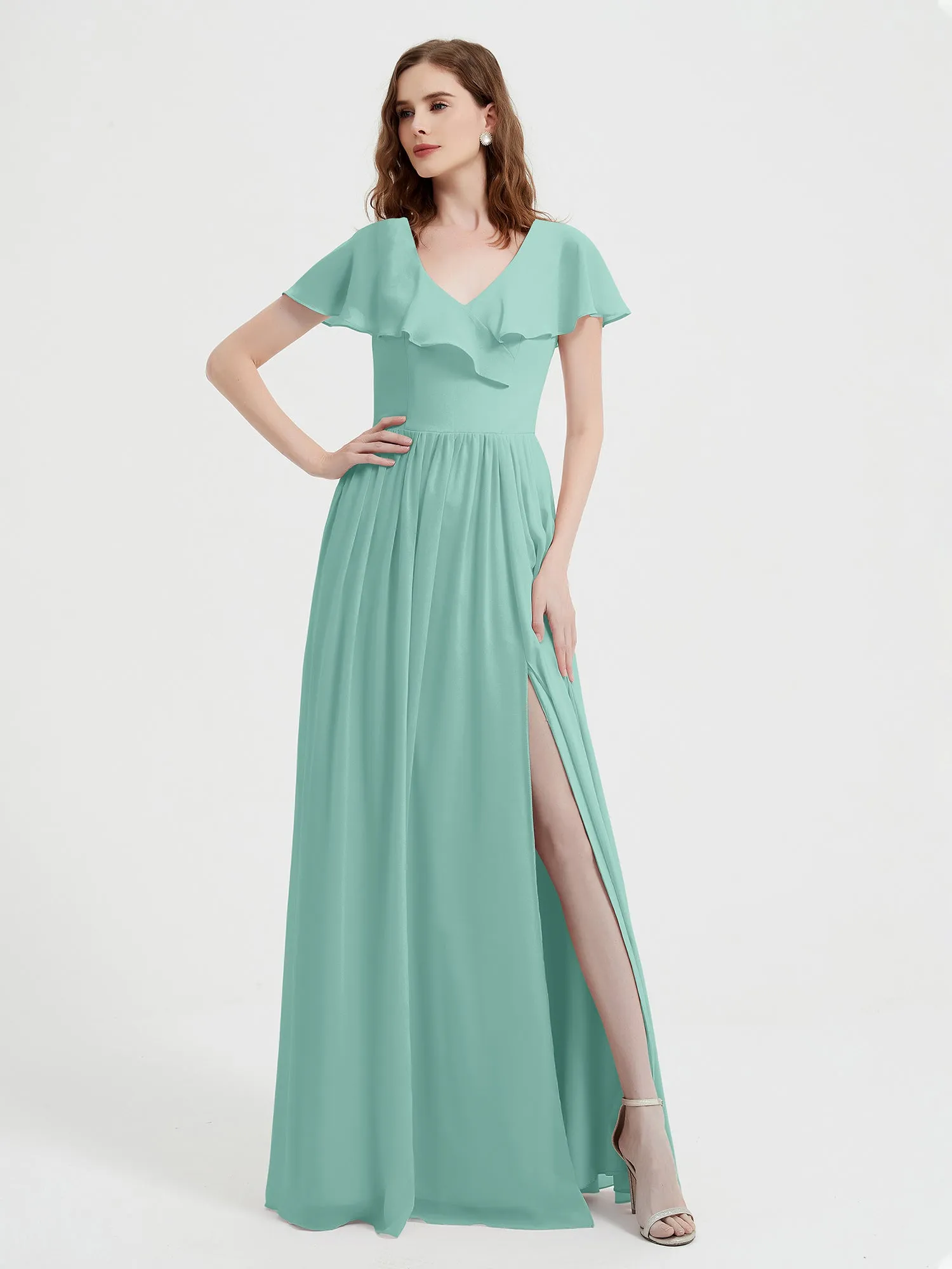 Cap Sleeves Long Chiffon Dresses with Slit-Turquoise Plus Size