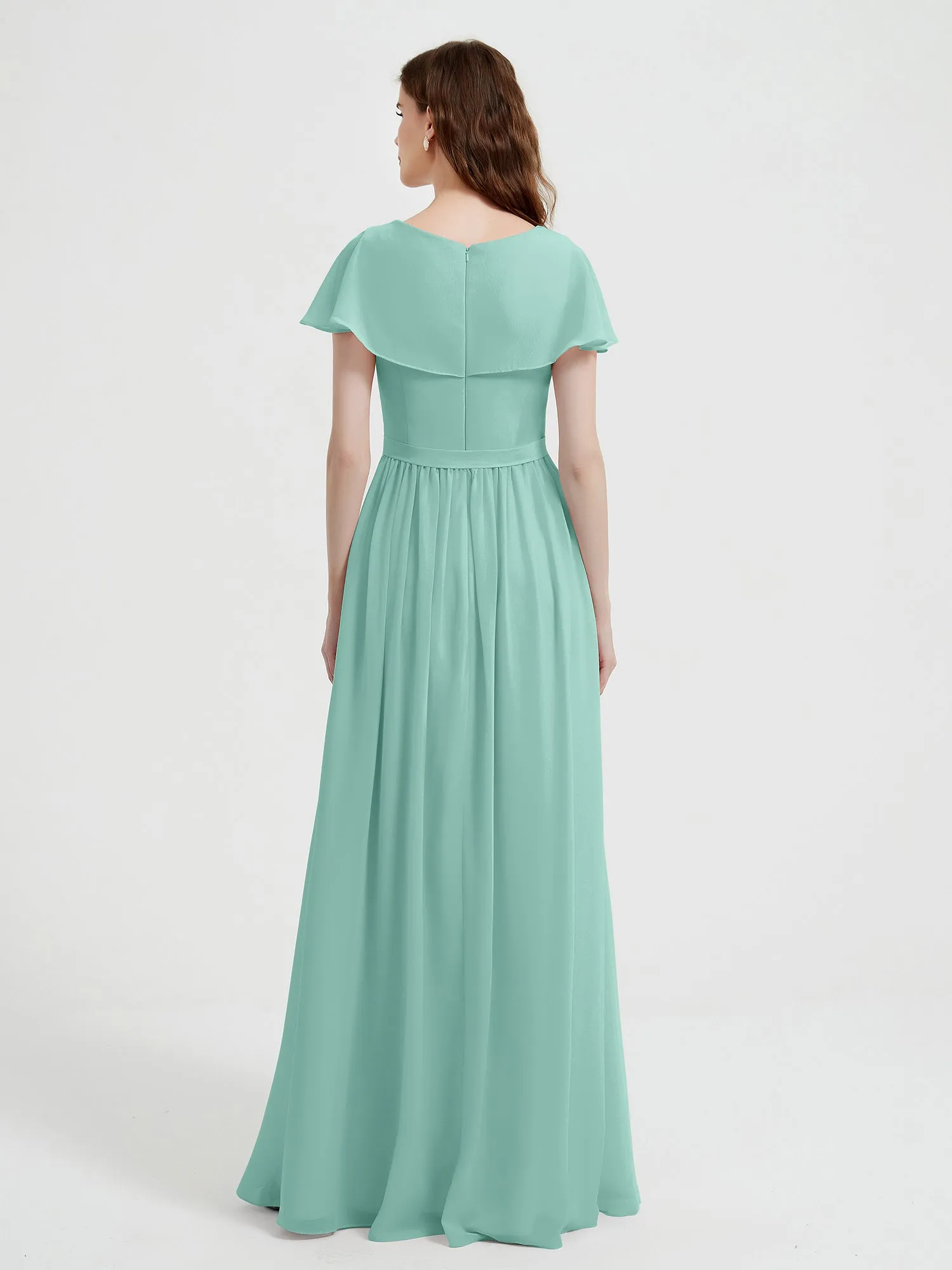 Cap Sleeves Long Chiffon Dresses with Slit-Turquoise Plus Size