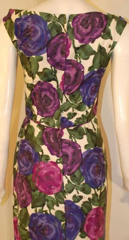 CEIL CHAPMAN 1950s Violet Cotton Floral Print Wiggle Dress