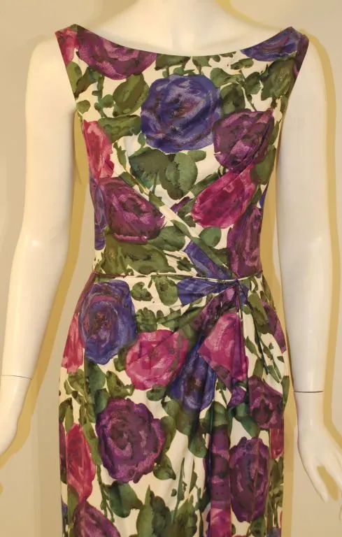 CEIL CHAPMAN 1950s Violet Cotton Floral Print Wiggle Dress