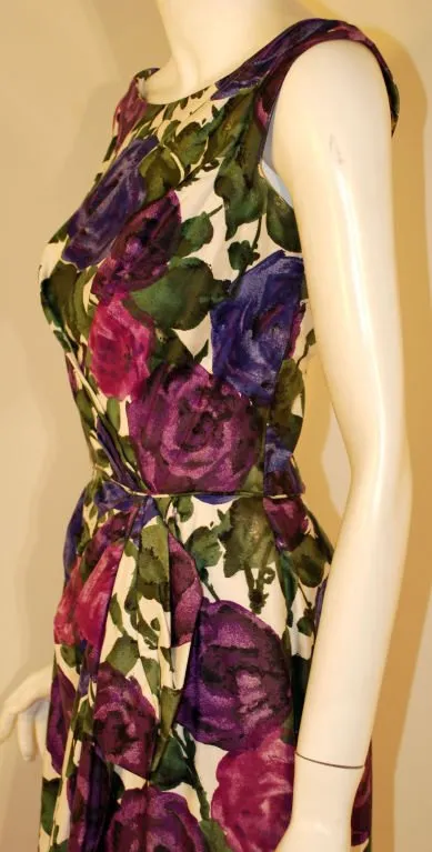 CEIL CHAPMAN 1950s Violet Cotton Floral Print Wiggle Dress