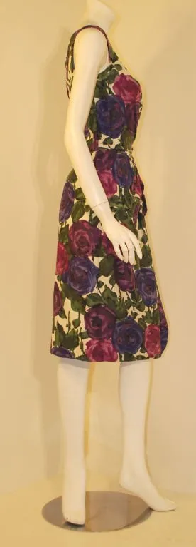 CEIL CHAPMAN 1950s Violet Cotton Floral Print Wiggle Dress