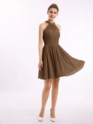 Chiffon Halter Short Bridesmaid Dresses Brown