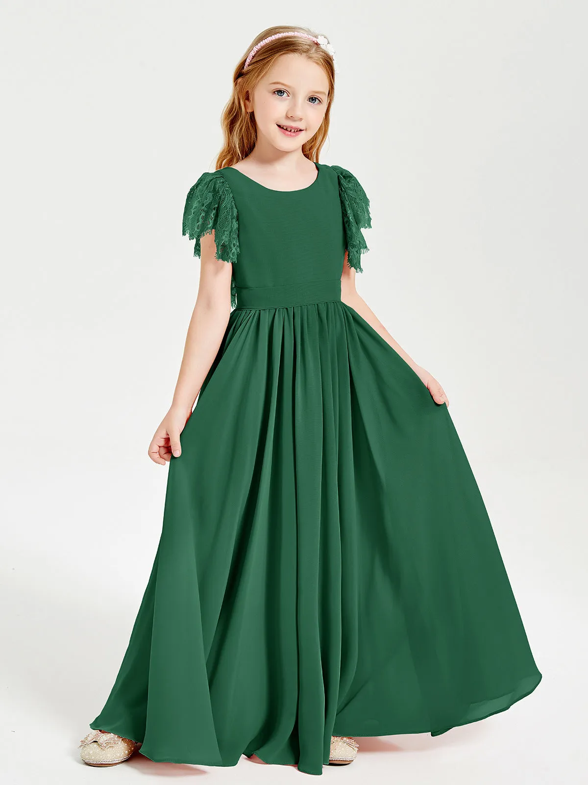 Chiffon Junior Bridesmaid Dresses Lace Flutter Sleeves Scoop Neck Dark Green