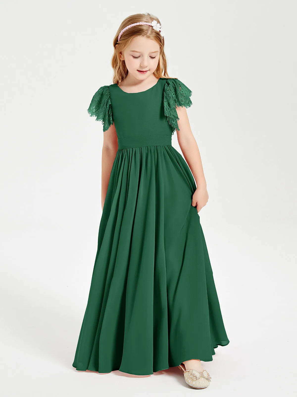 Chiffon Junior Bridesmaid Dresses Lace Flutter Sleeves Scoop Neck Dark Green