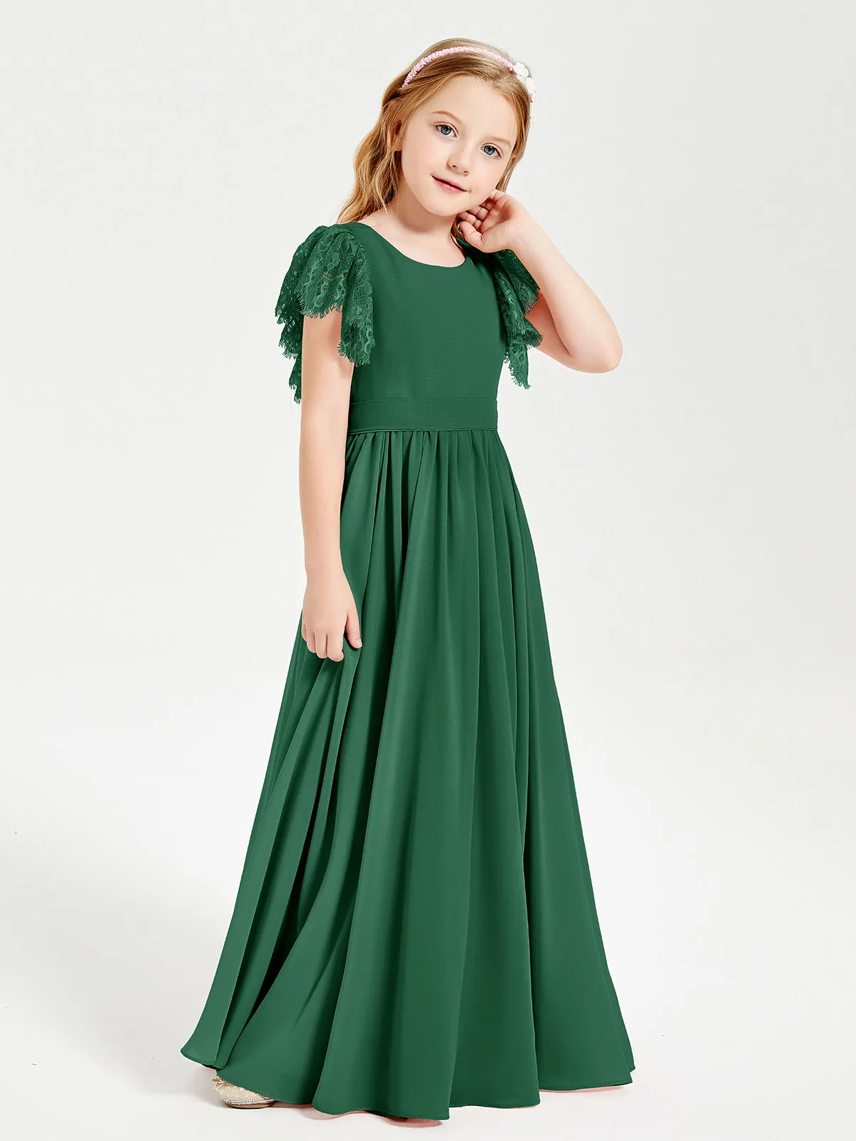 Chiffon Junior Bridesmaid Dresses Lace Flutter Sleeves Scoop Neck Dark Green