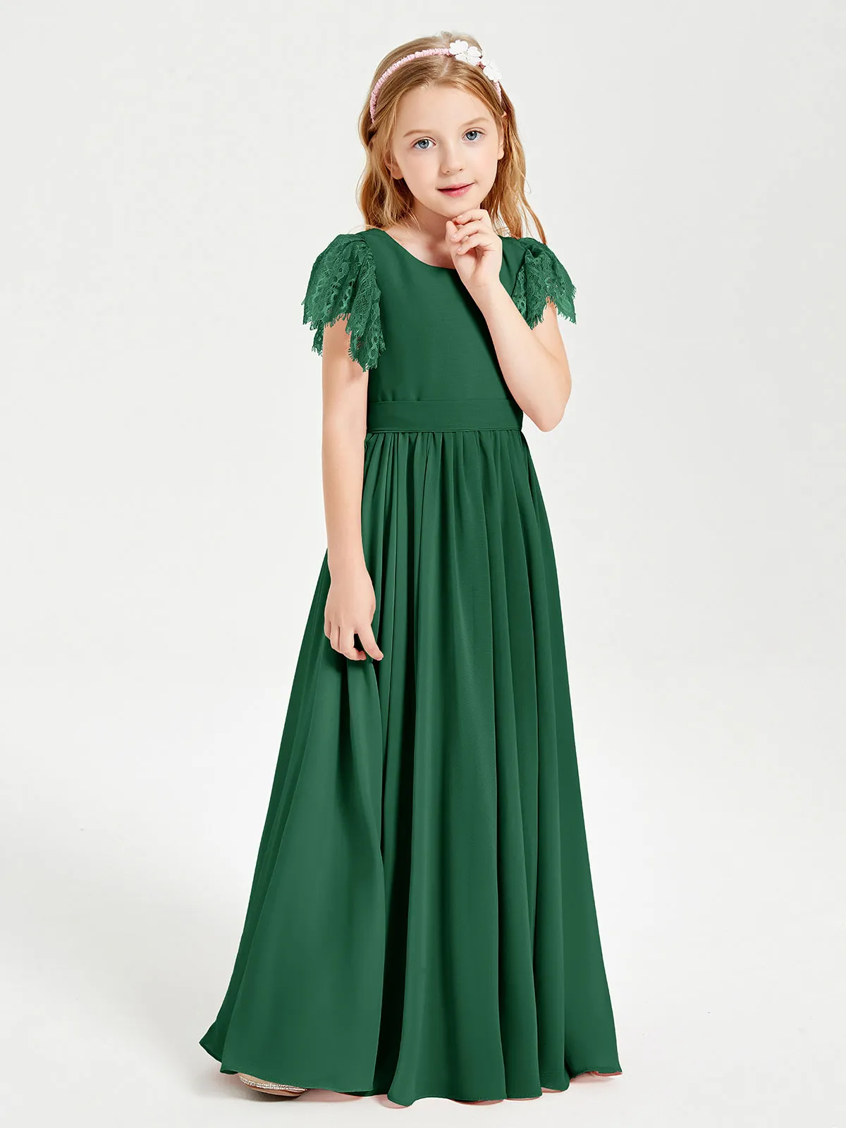 Chiffon Junior Bridesmaid Dresses Lace Flutter Sleeves Scoop Neck Dark Green