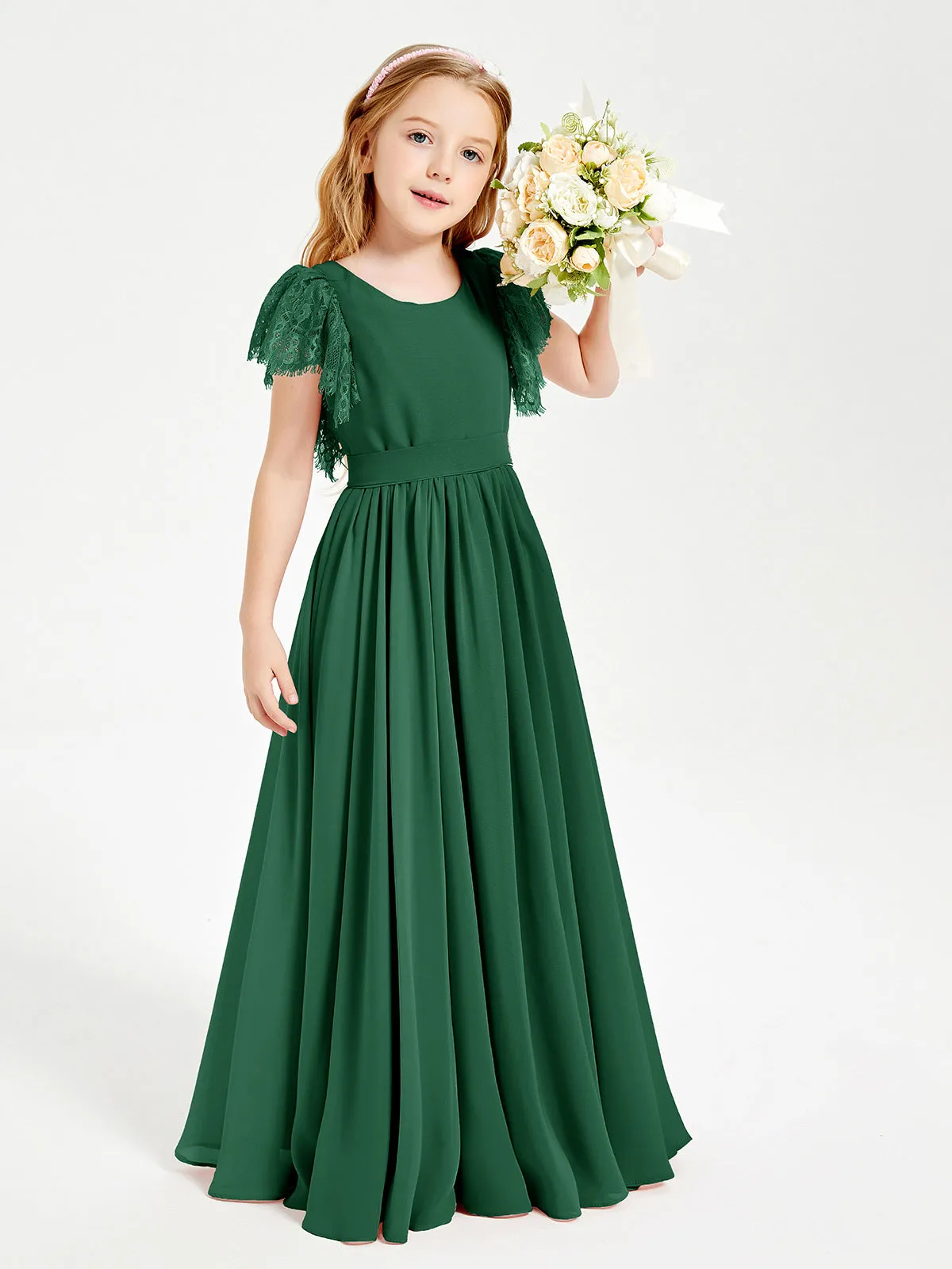 Chiffon Junior Bridesmaid Dresses Lace Flutter Sleeves Scoop Neck Dark Green