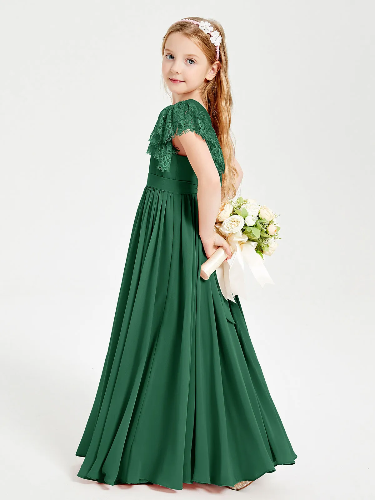 Chiffon Junior Bridesmaid Dresses Lace Flutter Sleeves Scoop Neck Dark Green