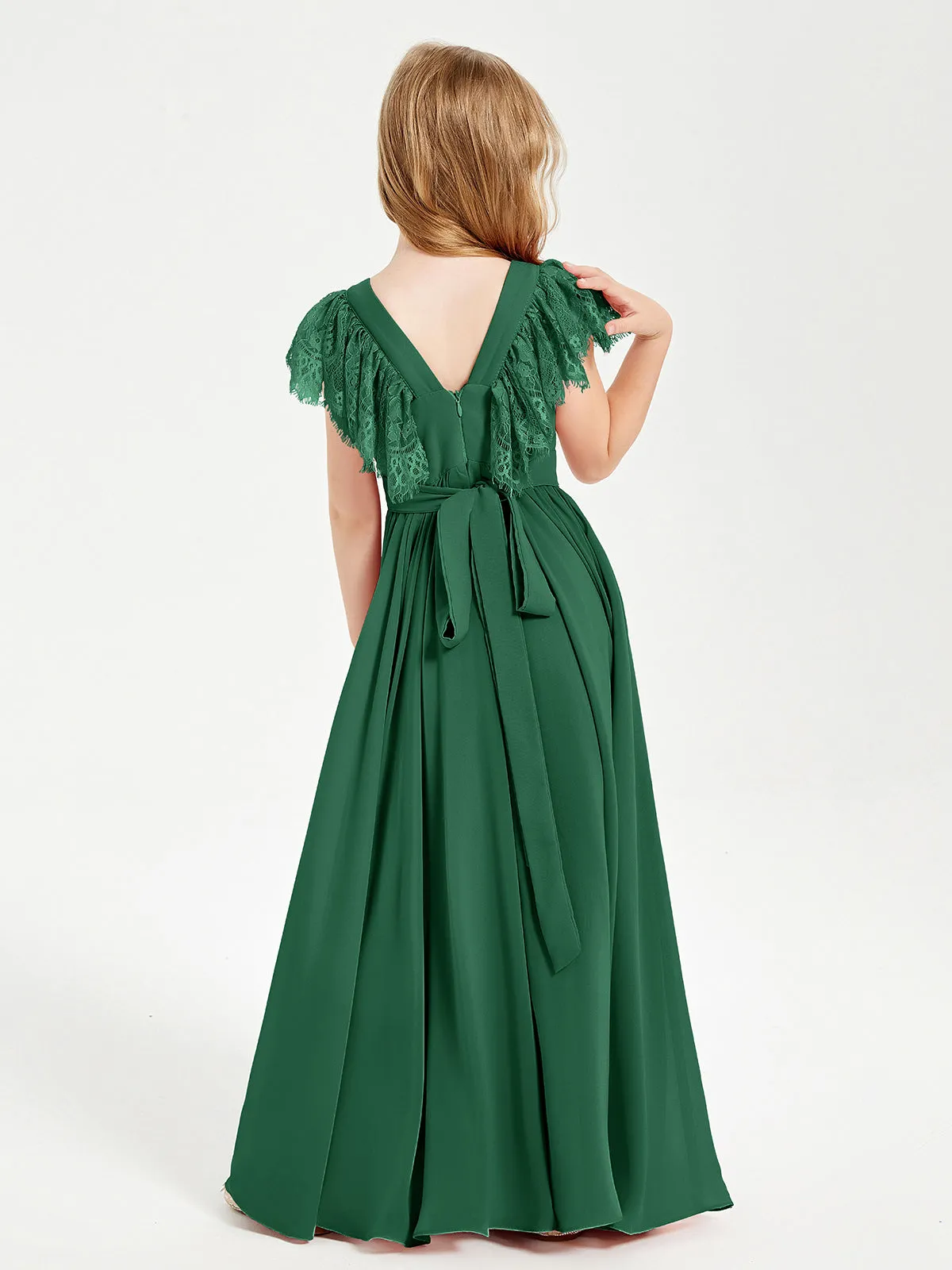 Chiffon Junior Bridesmaid Dresses Lace Flutter Sleeves Scoop Neck Dark Green