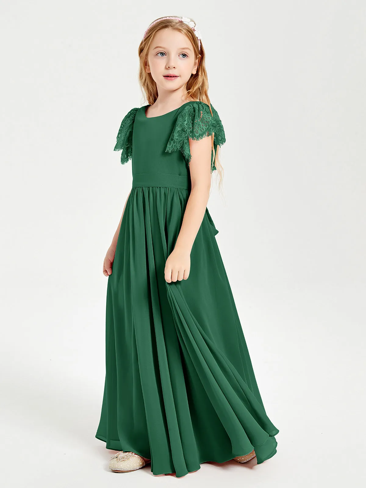 Chiffon Junior Bridesmaid Dresses Lace Flutter Sleeves Scoop Neck Dark Green