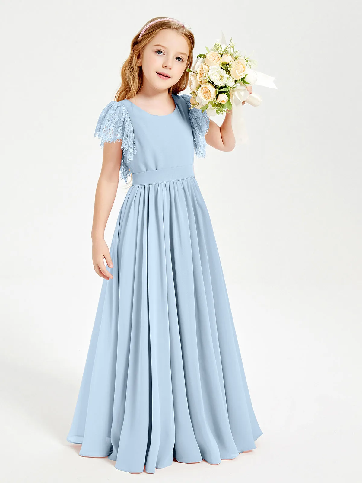 Chiffon Junior Bridesmaid Dresses Lace Flutter Sleeves Scoop Neck Sky Blue