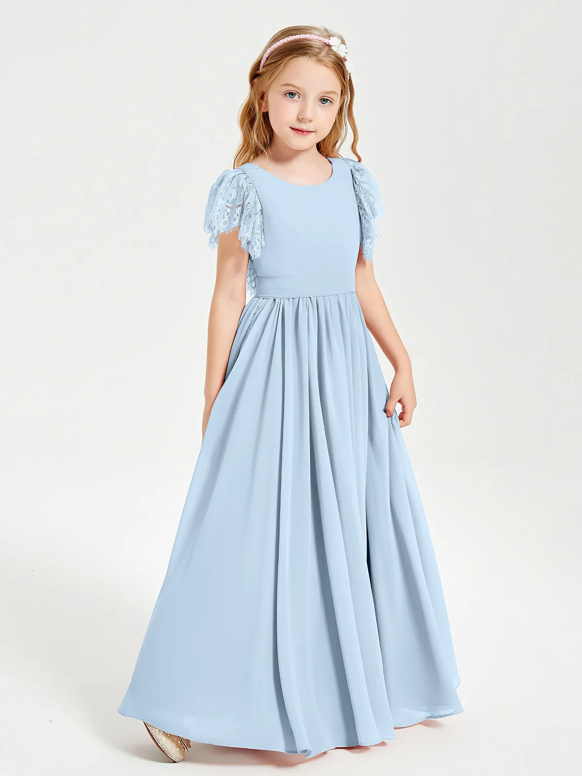 Chiffon Junior Bridesmaid Dresses Lace Flutter Sleeves Scoop Neck Sky Blue