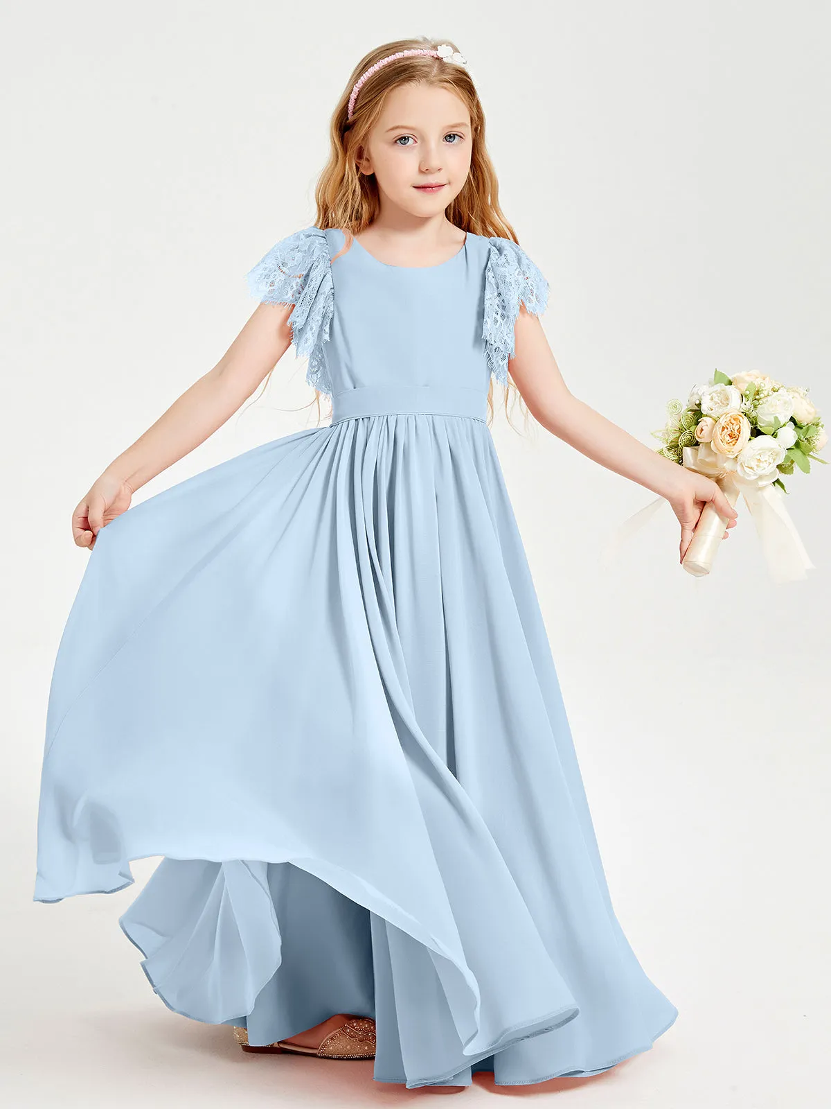 Chiffon Junior Bridesmaid Dresses Lace Flutter Sleeves Scoop Neck Sky Blue