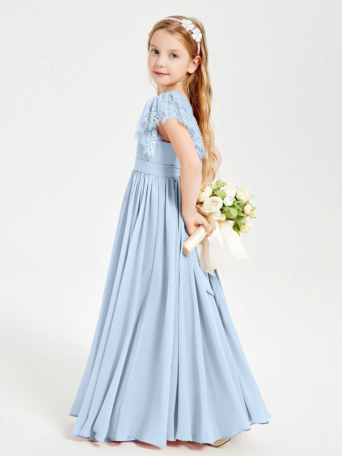 Chiffon Junior Bridesmaid Dresses Lace Flutter Sleeves Scoop Neck Sky Blue