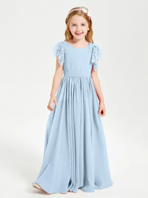 Chiffon Junior Bridesmaid Dresses Lace Flutter Sleeves Scoop Neck Sky Blue