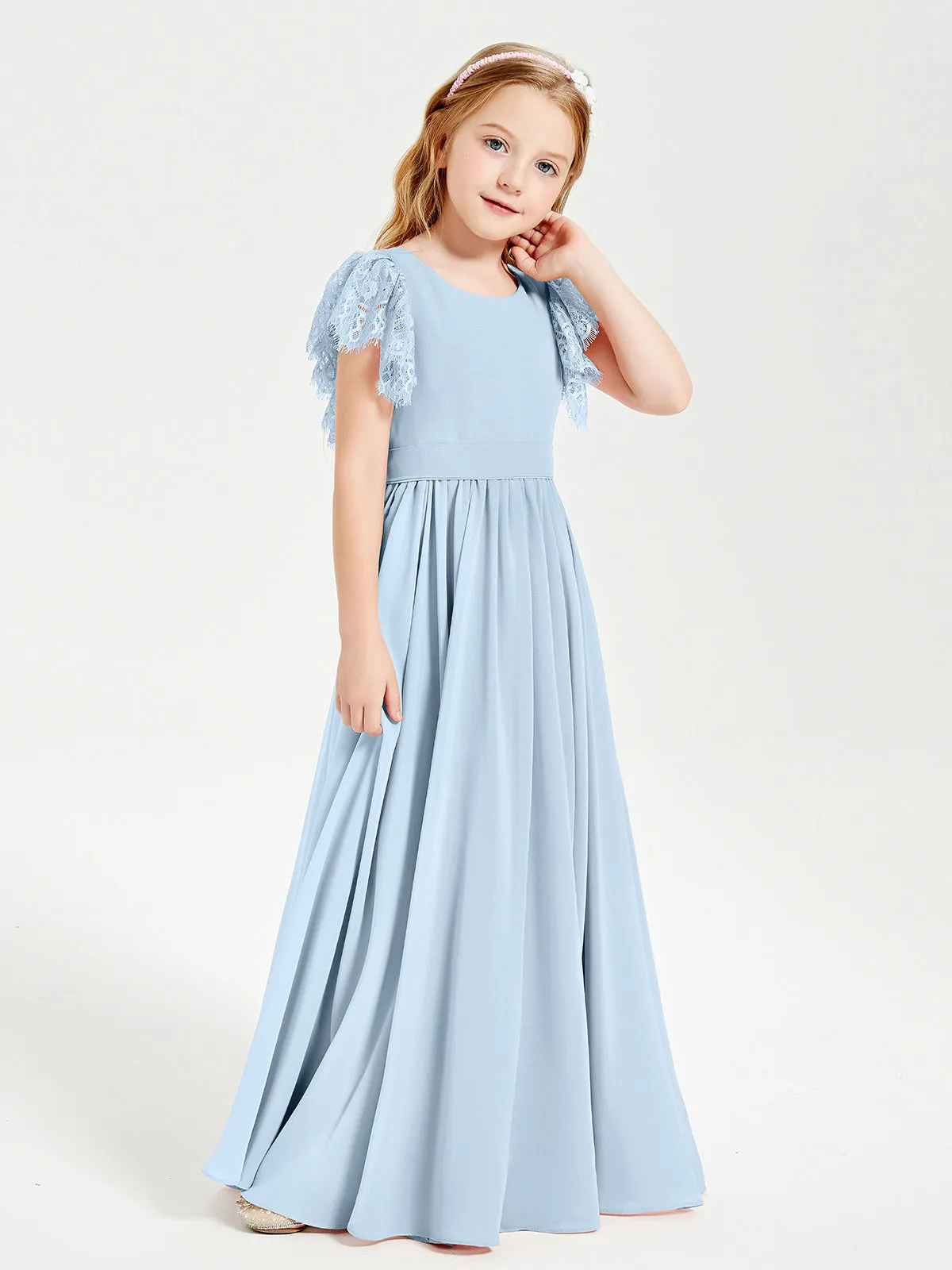 Chiffon Junior Bridesmaid Dresses Lace Flutter Sleeves Scoop Neck Sky Blue