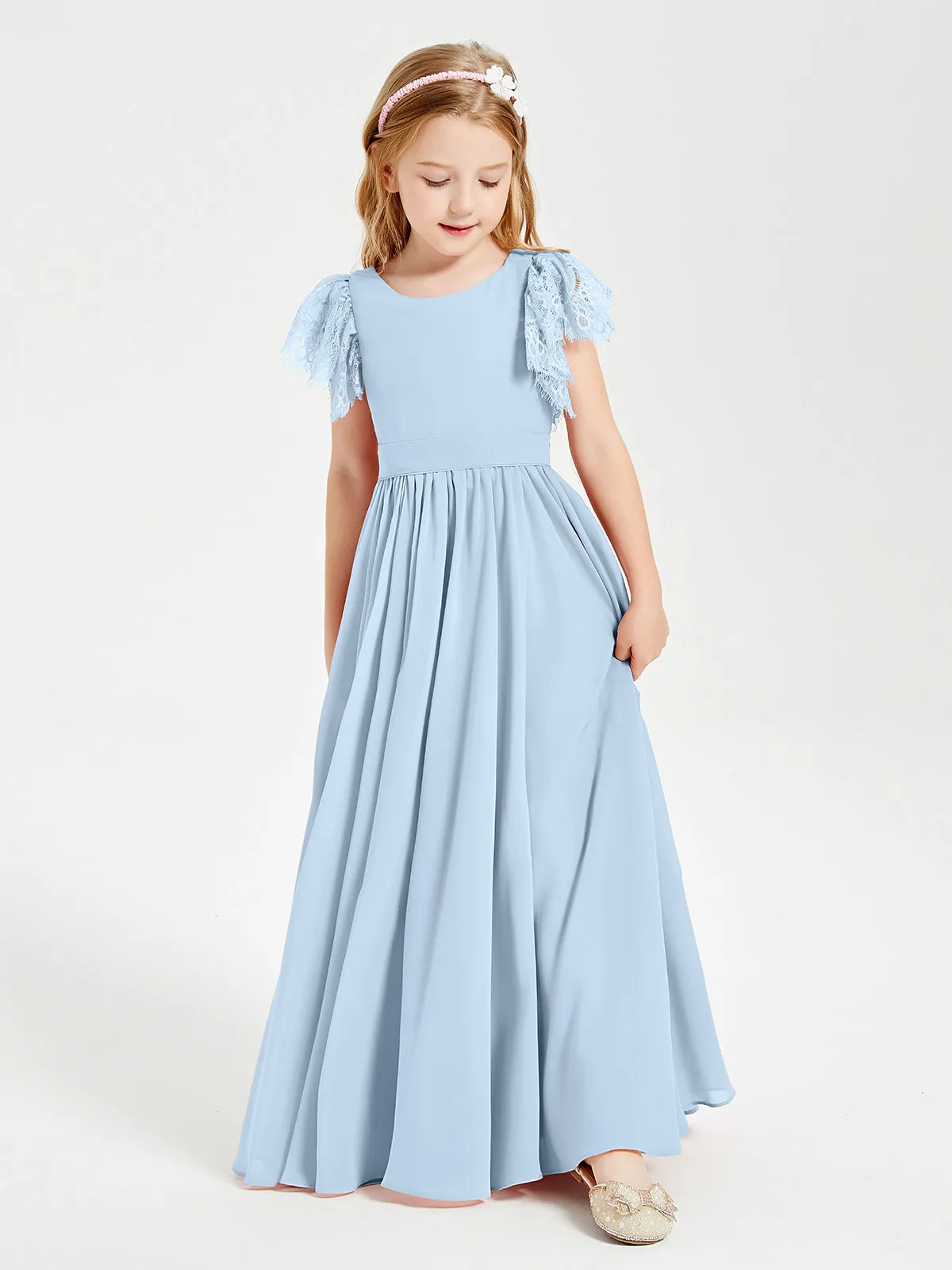 Chiffon Junior Bridesmaid Dresses Lace Flutter Sleeves Scoop Neck Sky Blue