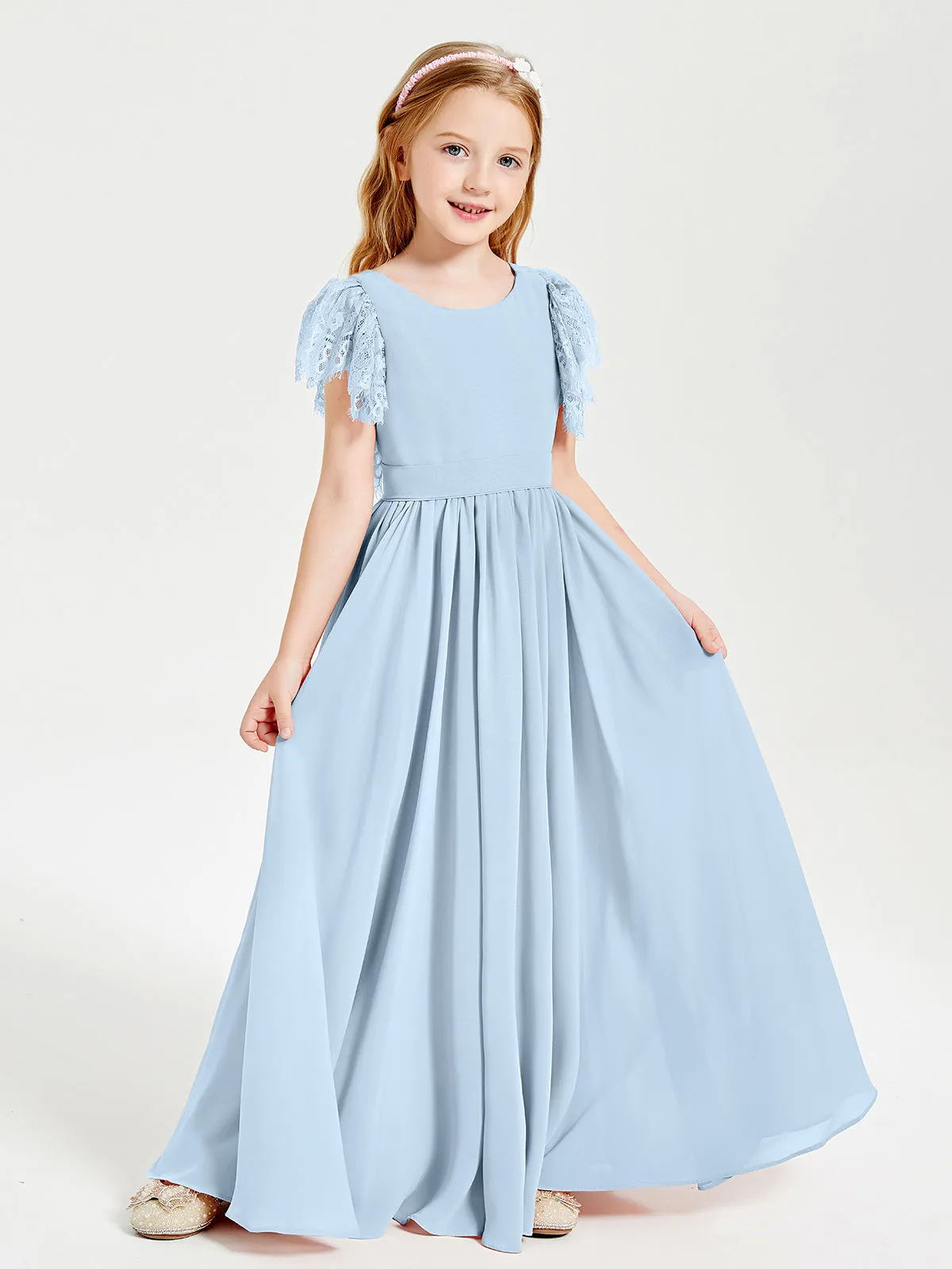 Chiffon Junior Bridesmaid Dresses Lace Flutter Sleeves Scoop Neck Sky Blue