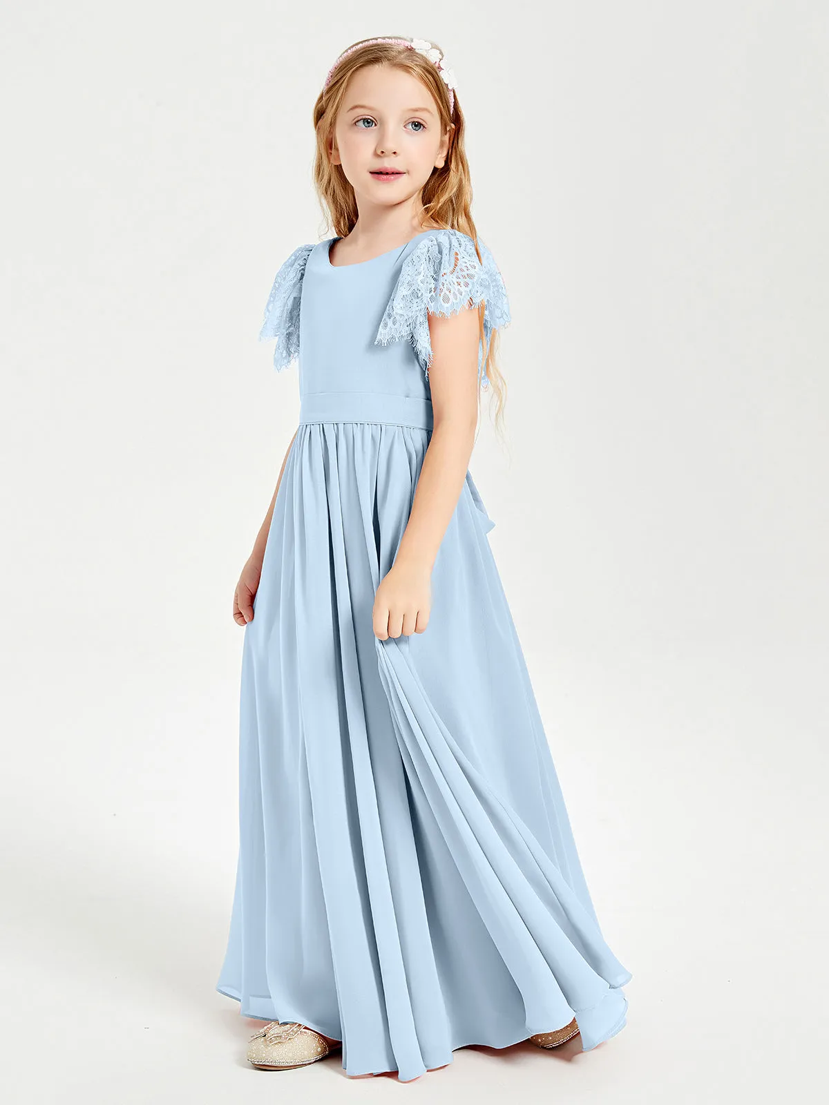 Chiffon Junior Bridesmaid Dresses Lace Flutter Sleeves Scoop Neck Sky Blue