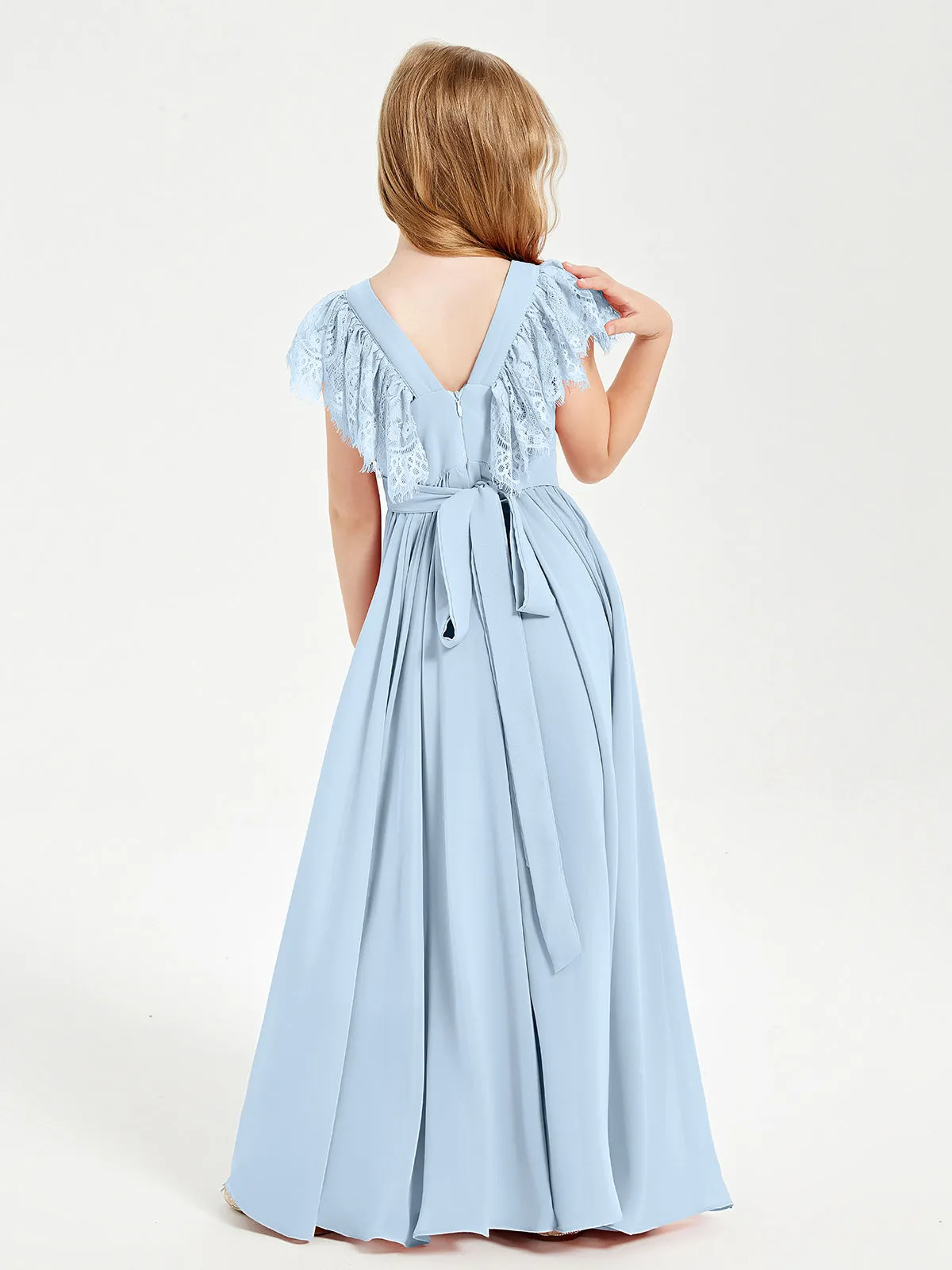 Chiffon Junior Bridesmaid Dresses Lace Flutter Sleeves Scoop Neck Sky Blue