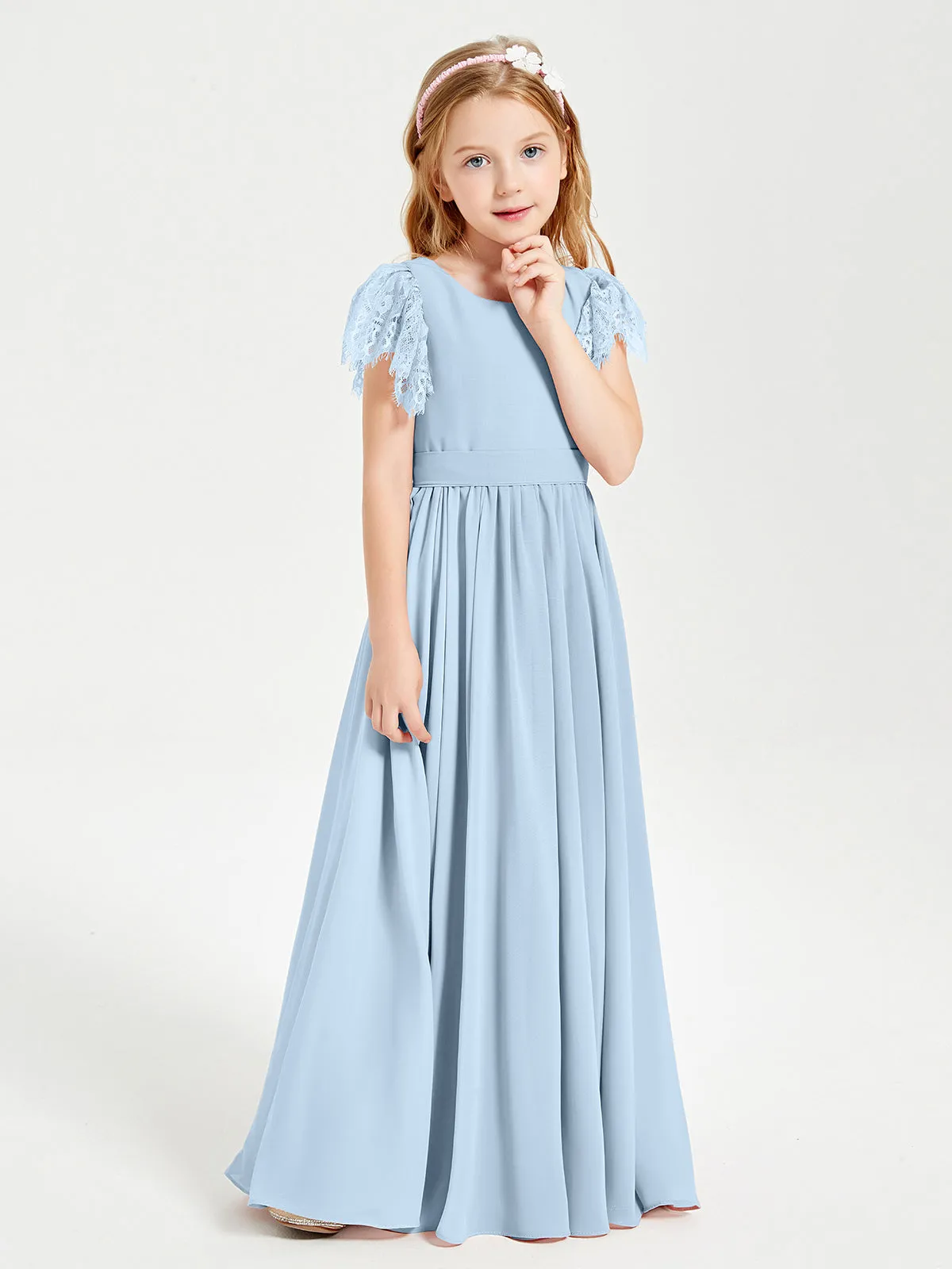 Chiffon Junior Bridesmaid Dresses Lace Flutter Sleeves Scoop Neck Sky Blue