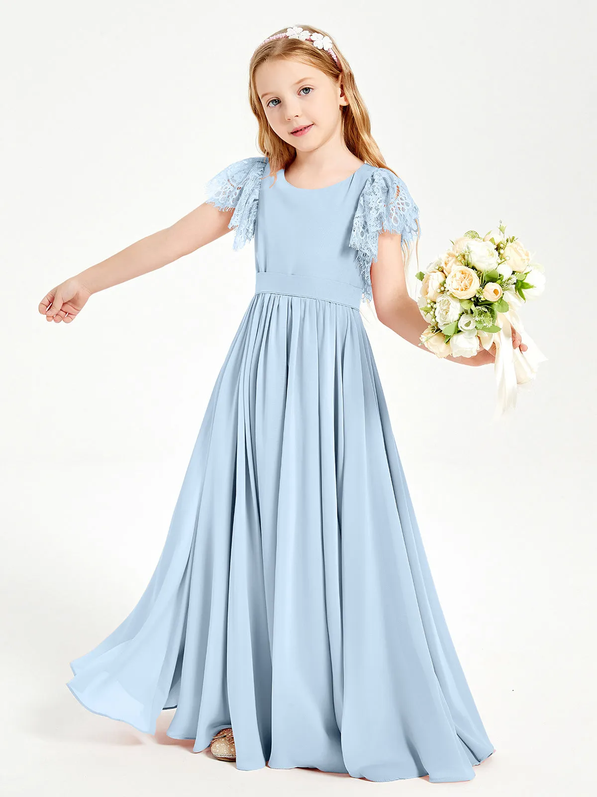 Chiffon Junior Bridesmaid Dresses Lace Flutter Sleeves Scoop Neck Sky Blue