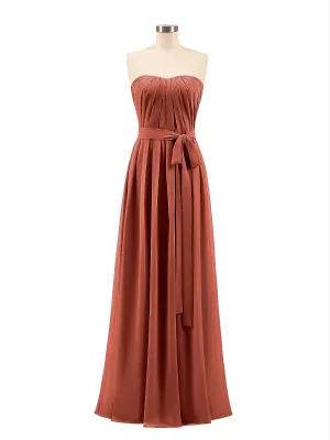 Chiffon Strapless Bridesmaid Gown with Sash-Rust