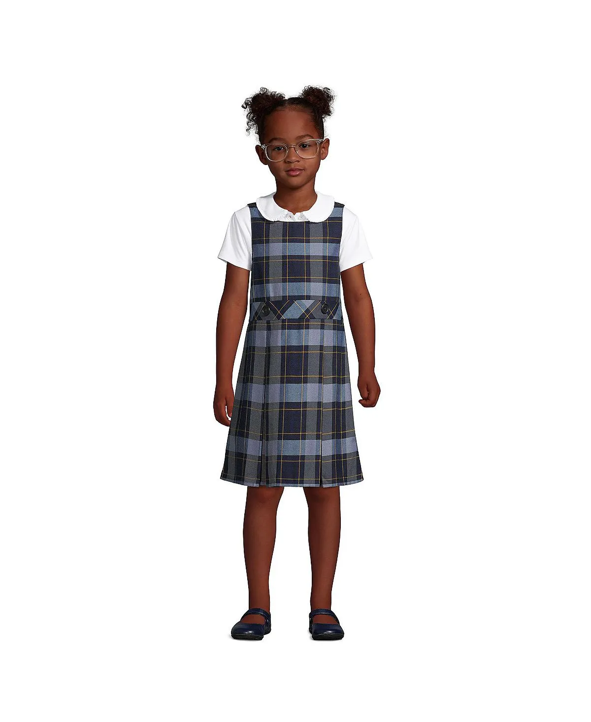 Children's Girls School Uniform Plus Checkered Knee Length Jumper Dress Lands' End