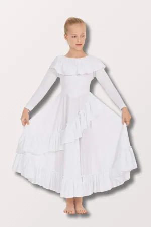 Children's Revelation Ruffle Long Sleeve Praise Dance Dress - White