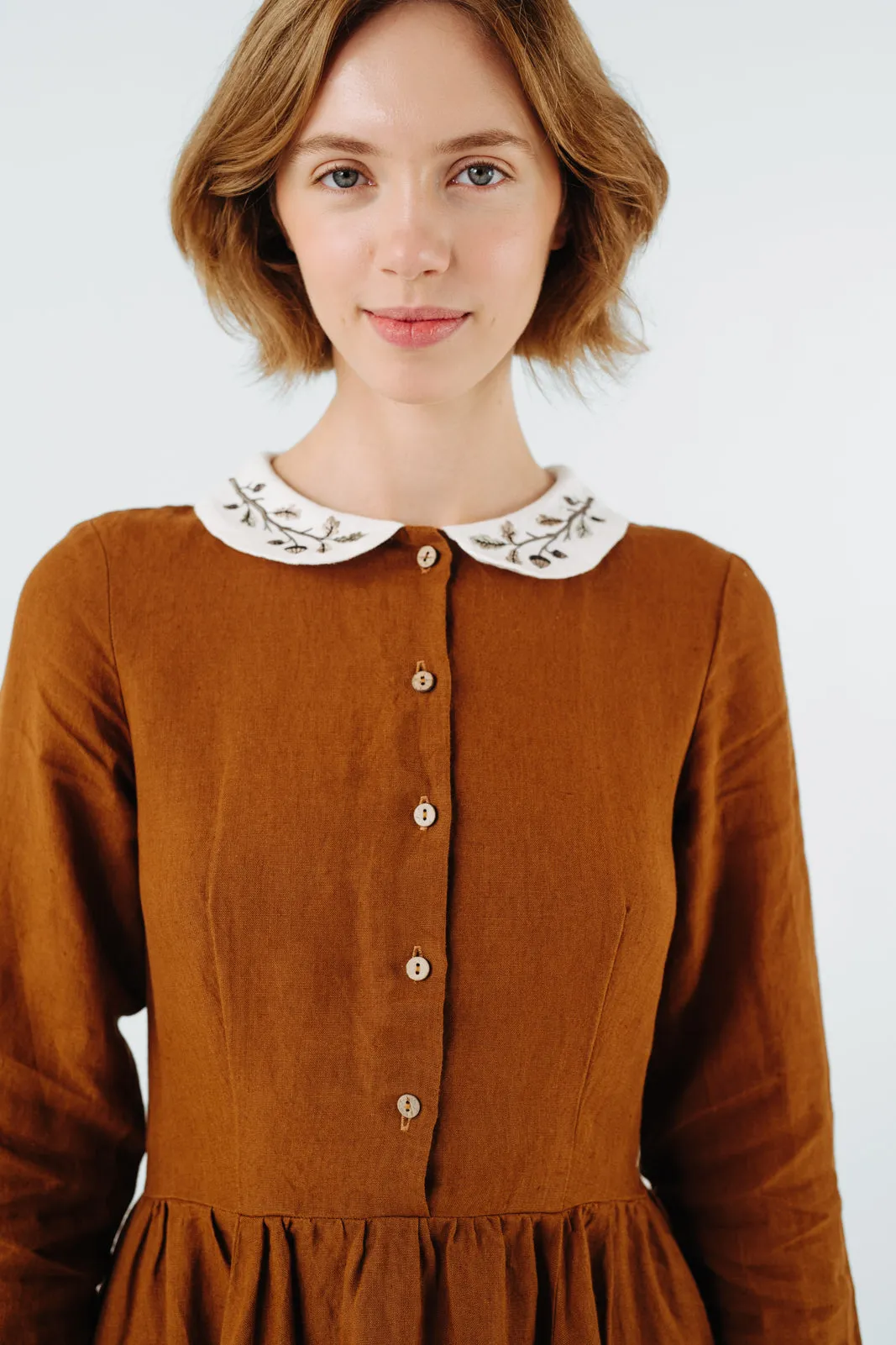 Classic Dress with Embroidered Hazelnut Collar, Long Sleeve