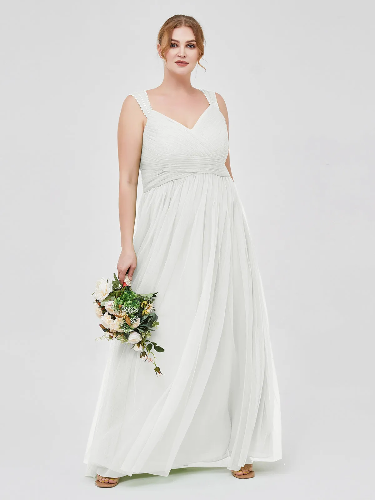 Cross-Pleated Tulle Long Dresses with Beaded Straps Ivory Plus Size