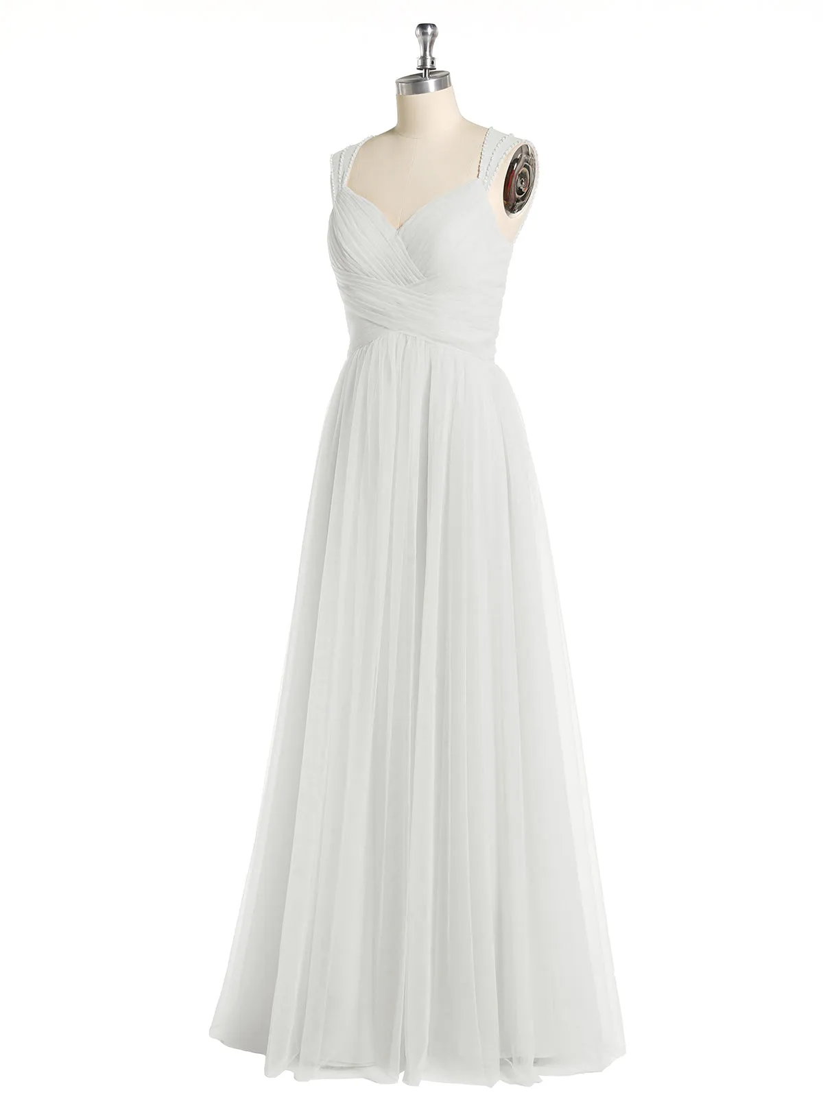 Cross-Pleated Tulle Long Dresses with Beaded Straps Ivory Plus Size