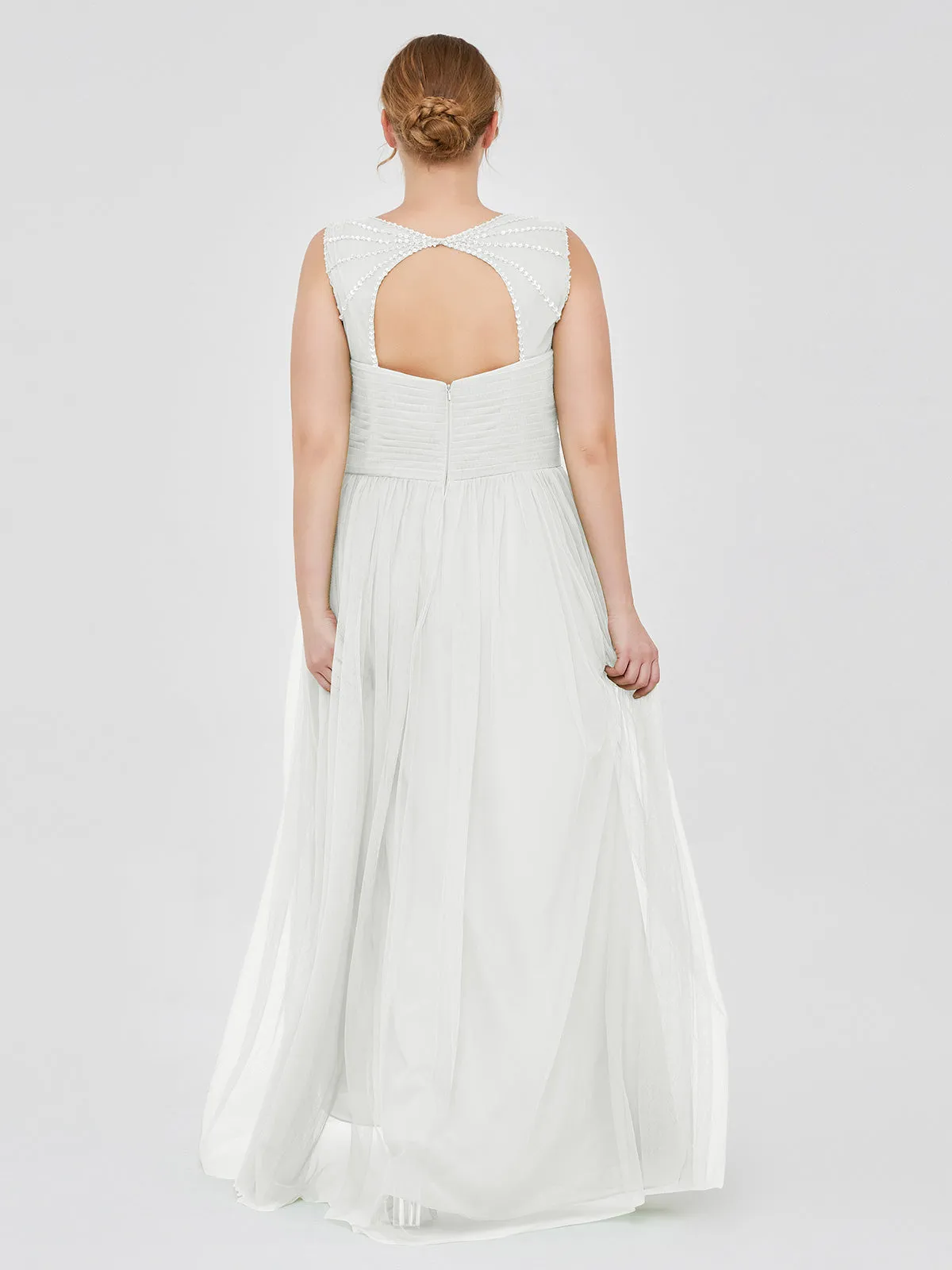 Cross-Pleated Tulle Long Dresses with Beaded Straps Ivory Plus Size