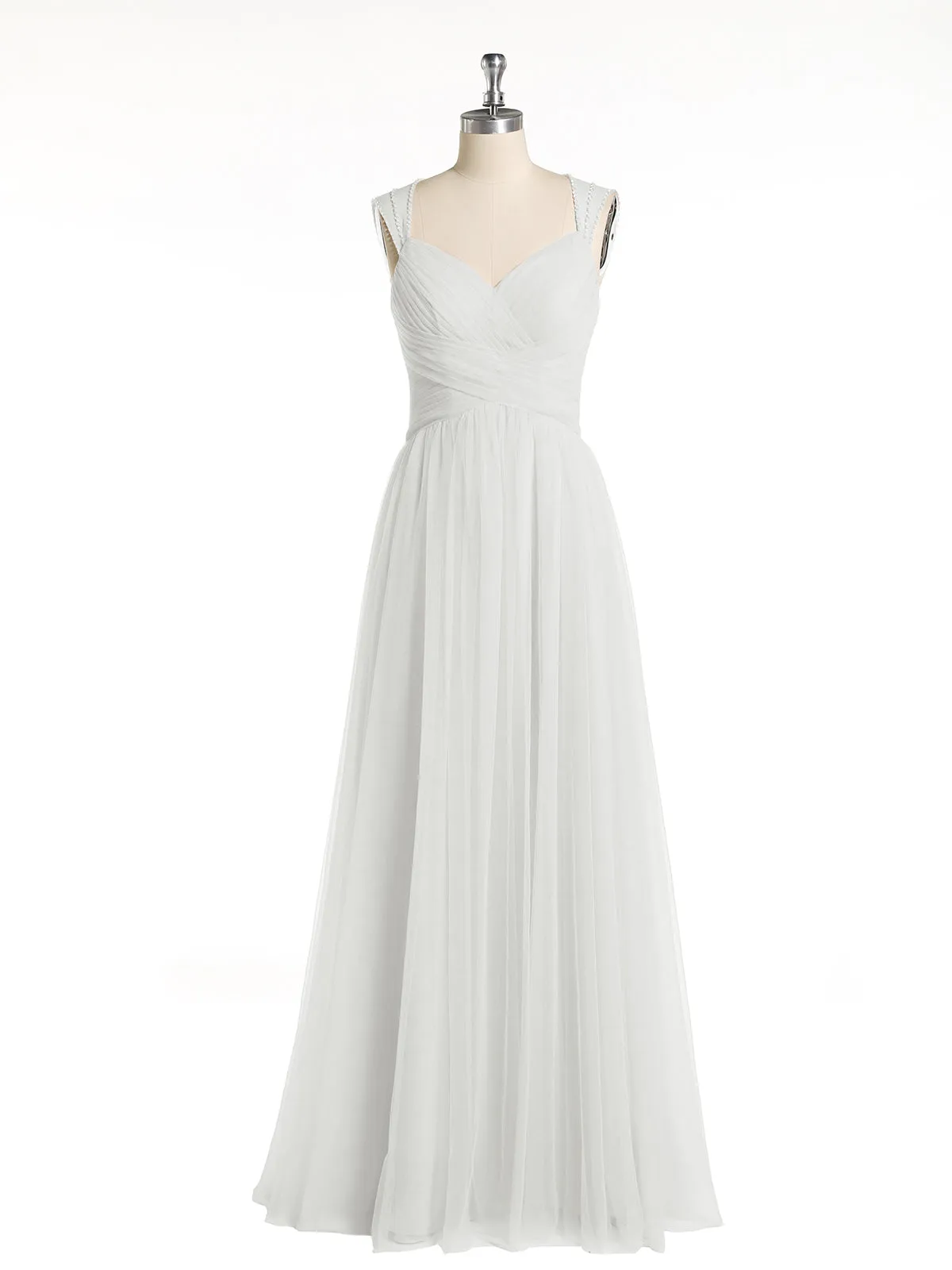 Cross-Pleated Tulle Long Dresses with Beaded Straps Ivory Plus Size