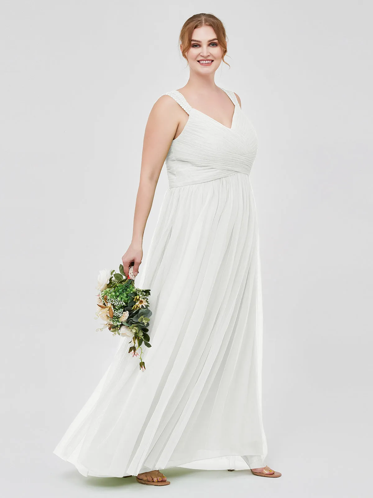 Cross-Pleated Tulle Long Dresses with Beaded Straps Ivory Plus Size