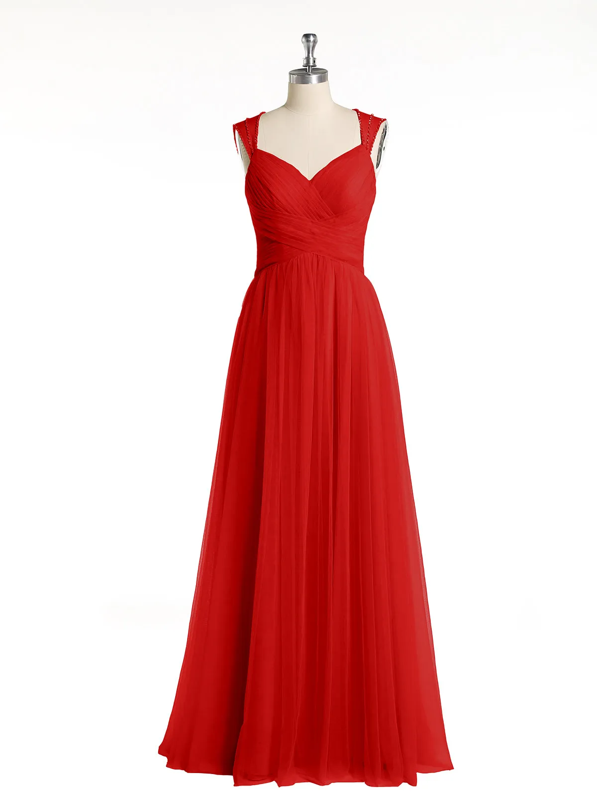 Cross-Pleated Tulle Long Dresses with Beaded Straps Red Plus Size