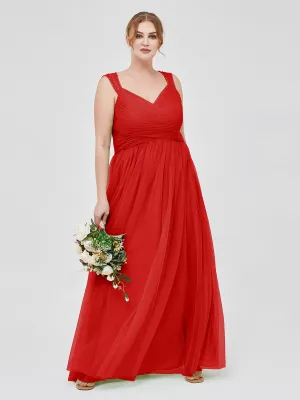 Cross-Pleated Tulle Long Dresses with Beaded Straps Red Plus Size