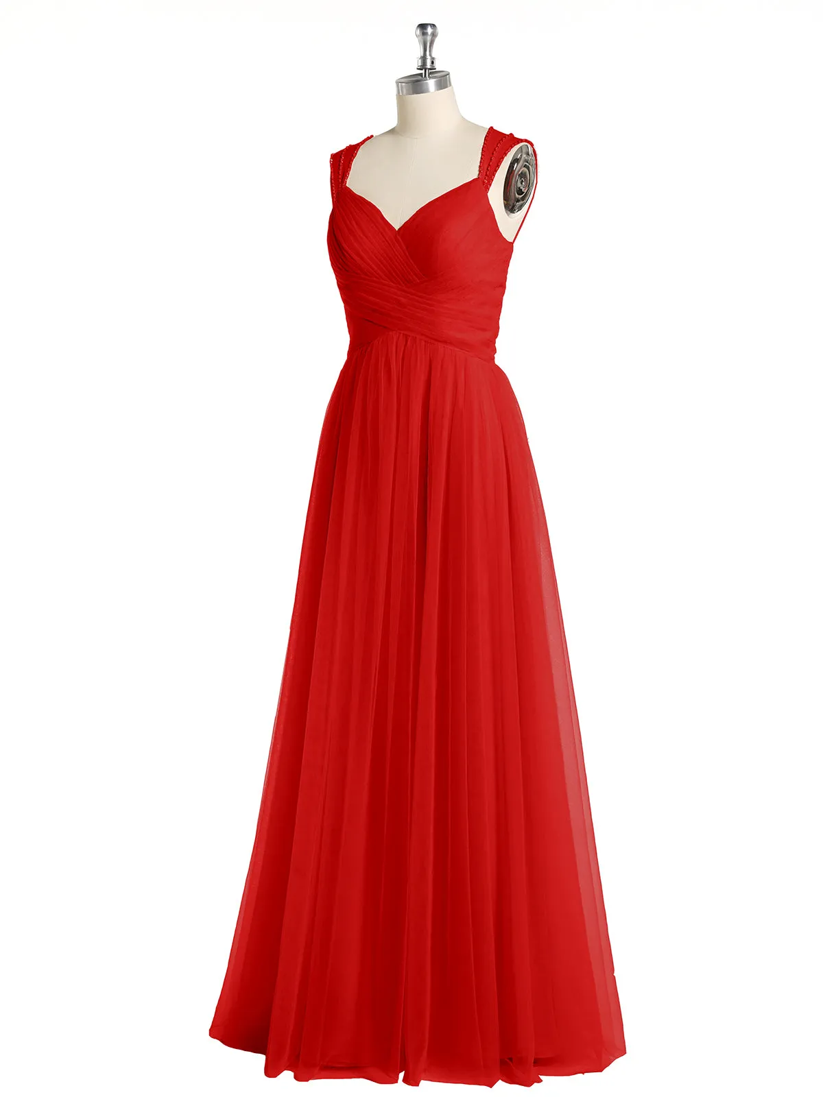 Cross-Pleated Tulle Long Dresses with Beaded Straps Red Plus Size