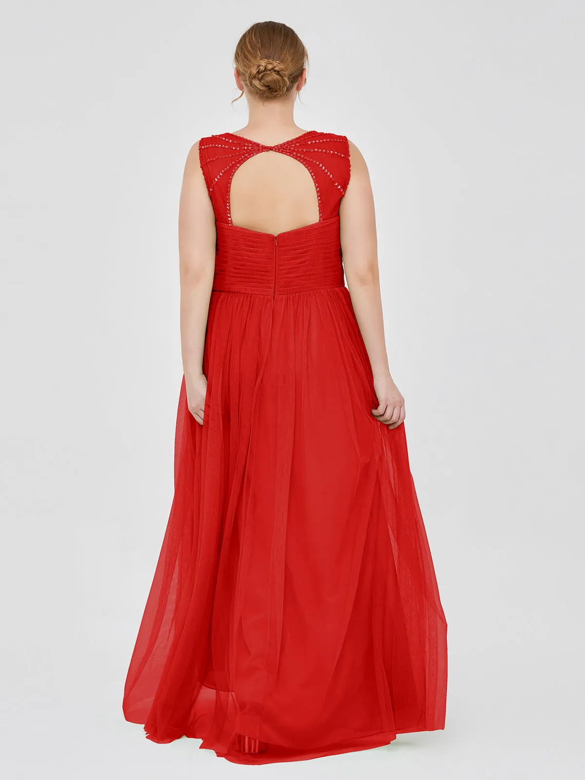 Cross-Pleated Tulle Long Dresses with Beaded Straps Red Plus Size