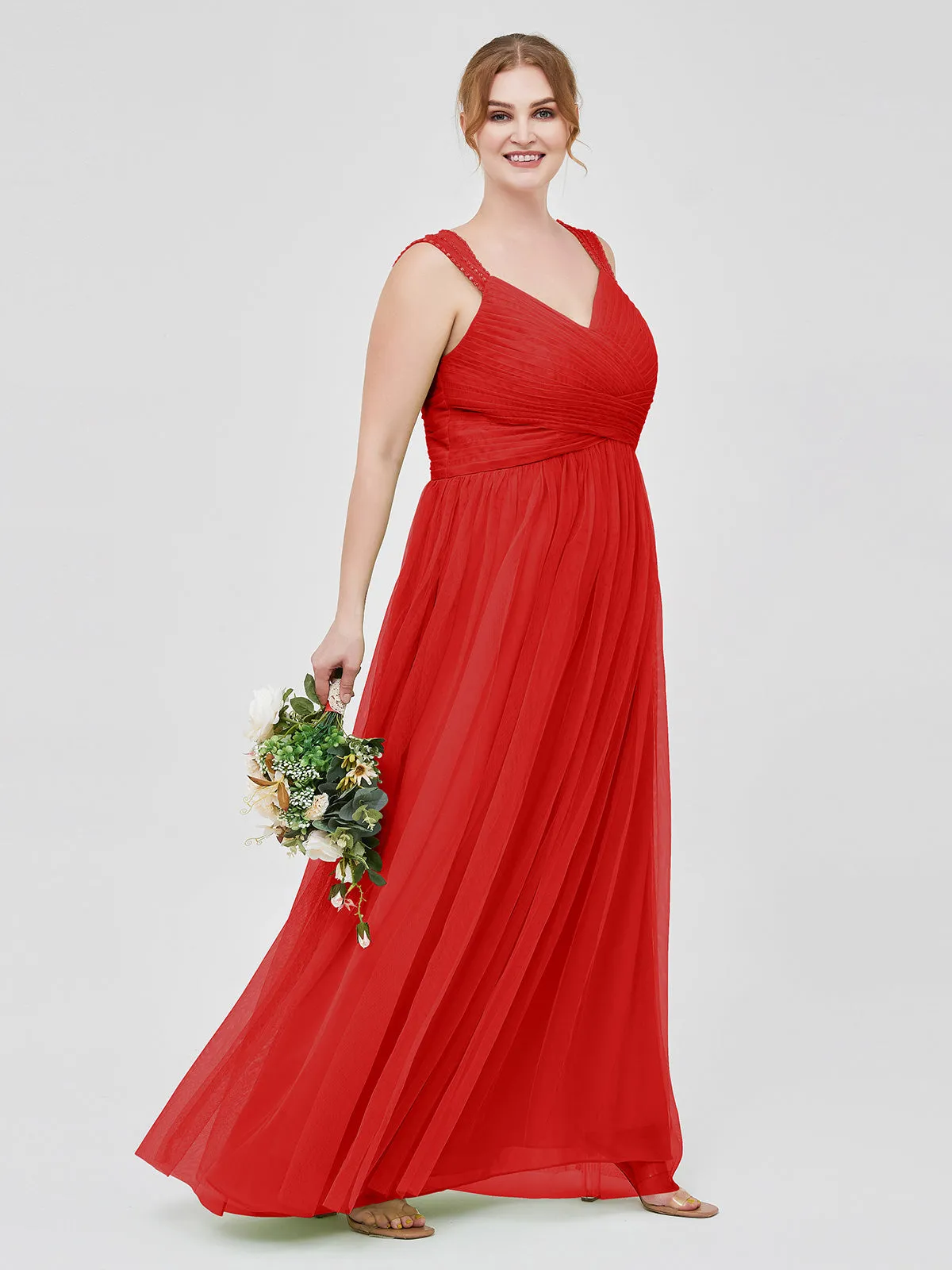 Cross-Pleated Tulle Long Dresses with Beaded Straps Red Plus Size