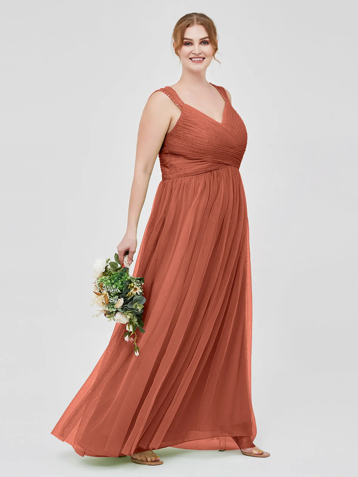 Cross-Pleated Tulle Long Dresses with Beaded Straps Rust Plus Size