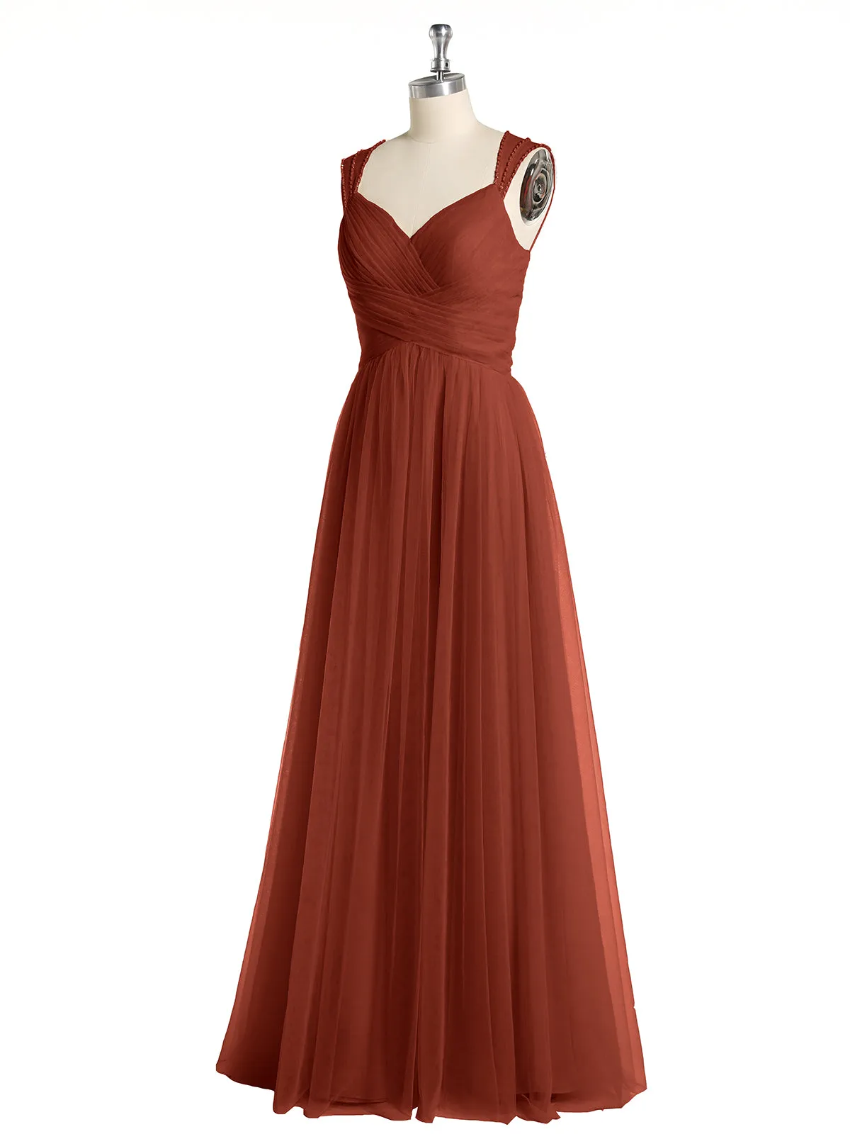 Cross-Pleated Tulle Long Dresses with Beaded Straps Rust Plus Size