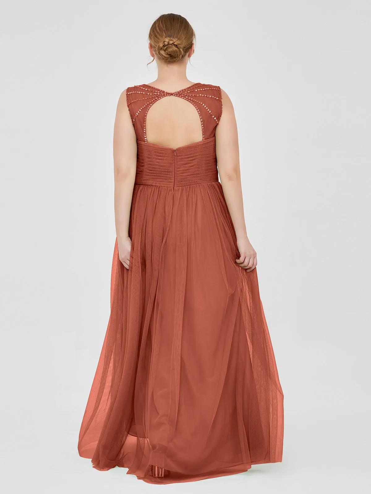 Cross-Pleated Tulle Long Dresses with Beaded Straps Rust Plus Size