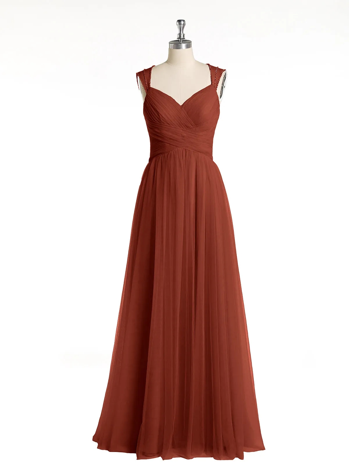 Cross-Pleated Tulle Long Dresses with Beaded Straps Rust Plus Size