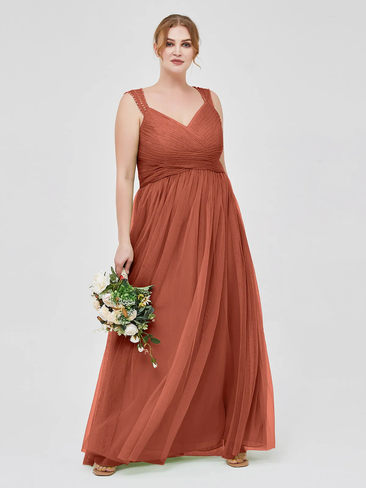 Cross-Pleated Tulle Long Dresses with Beaded Straps Rust Plus Size