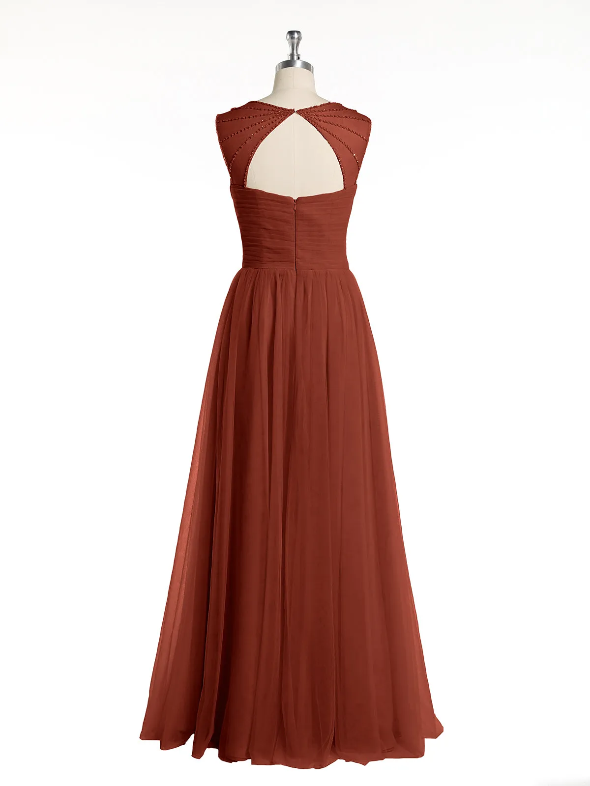 Cross-Pleated Tulle Long Dresses with Beaded Straps Rust Plus Size