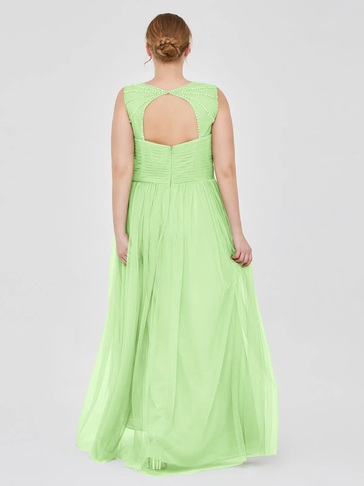 Cross-Pleated Tulle Long Dresses with Beaded Straps Sage Plus Size