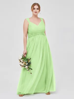 Cross-Pleated Tulle Long Dresses with Beaded Straps Sage Plus Size